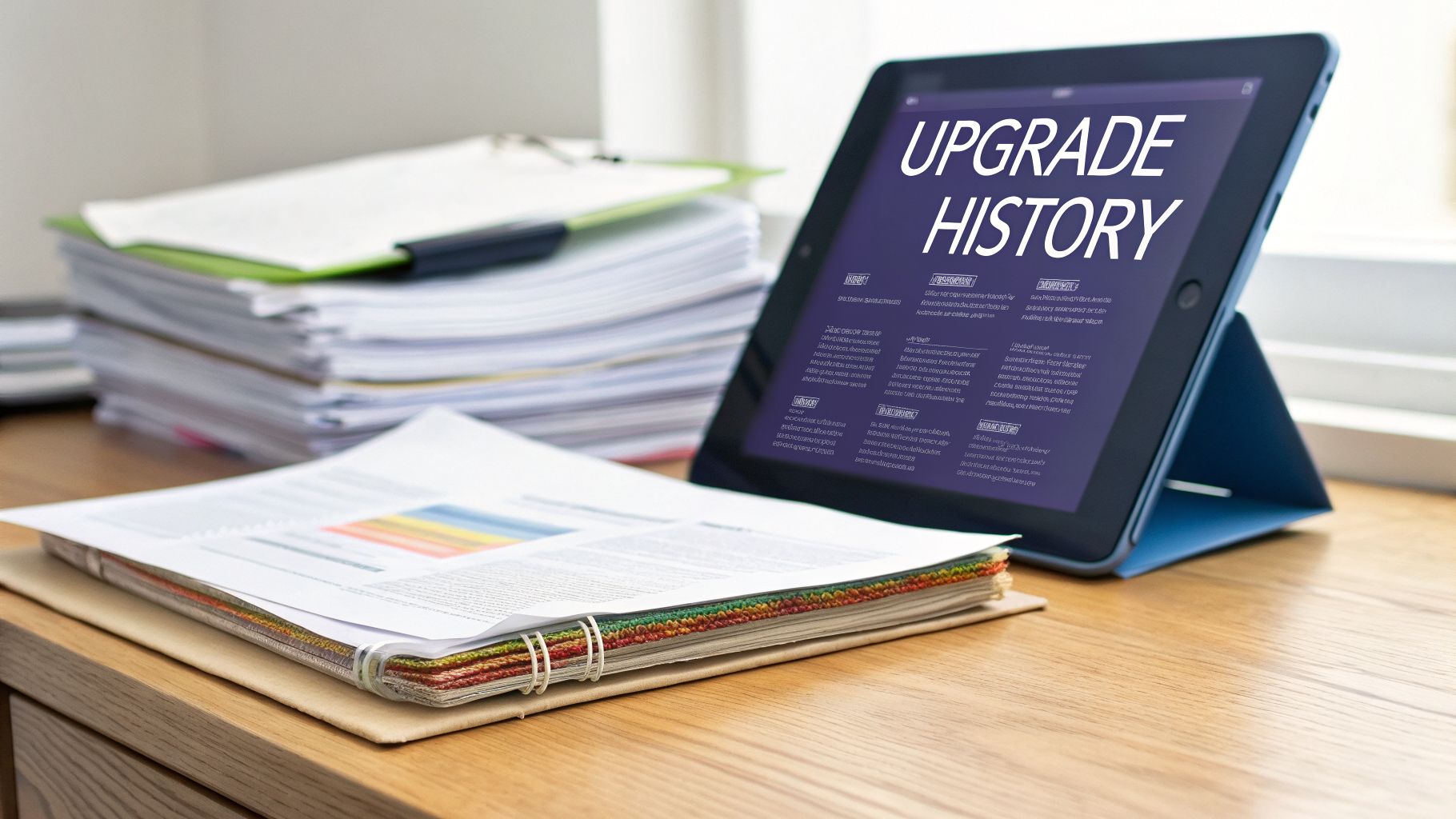 A tablet displaying "Upgrade History" next to physical documents and paper stacks on a desk.