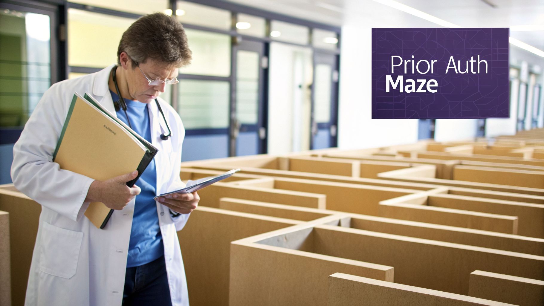 A doctor navigates a cardboard maze while reviewing patient files, symbolizing the complex prior authorization process.