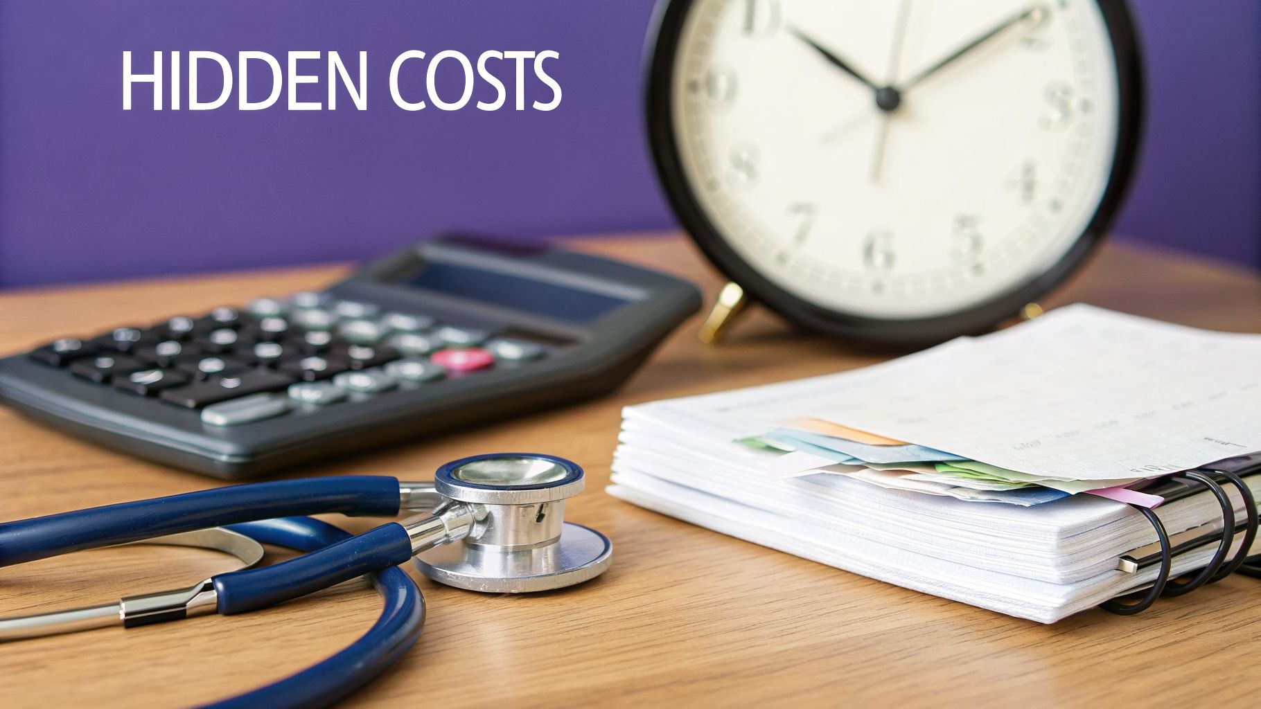 A stethoscope, calculator, papers, and a clock on a wooden desk with 'HIDDEN COSTS' text.