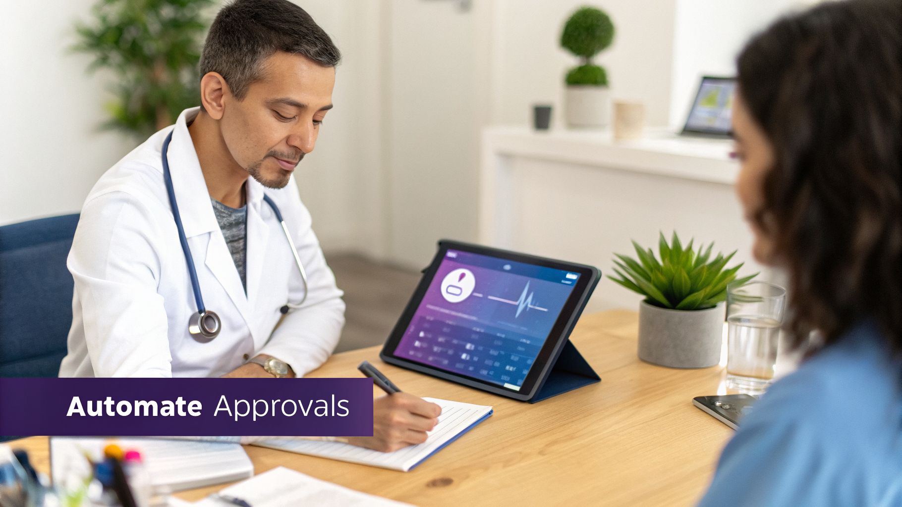 A male doctor in a white coat reviews medical data on a tablet while taking notes.