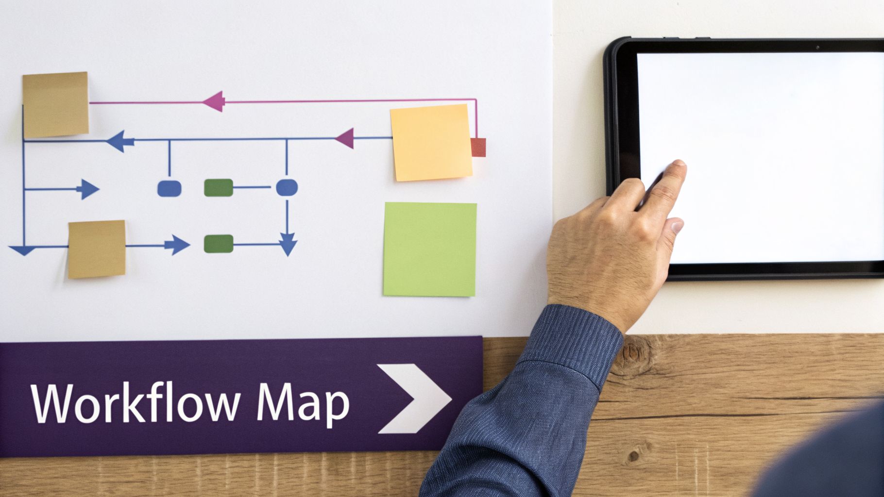 Hand interacting with a digital tablet beside a paper workflow map adorned with colorful sticky notes.