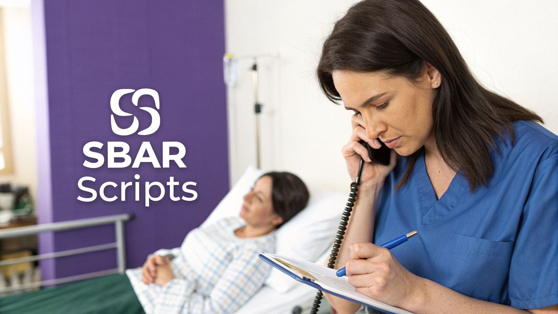 A nurse communicates on the phone while taking notes with a patient in a hospital room.