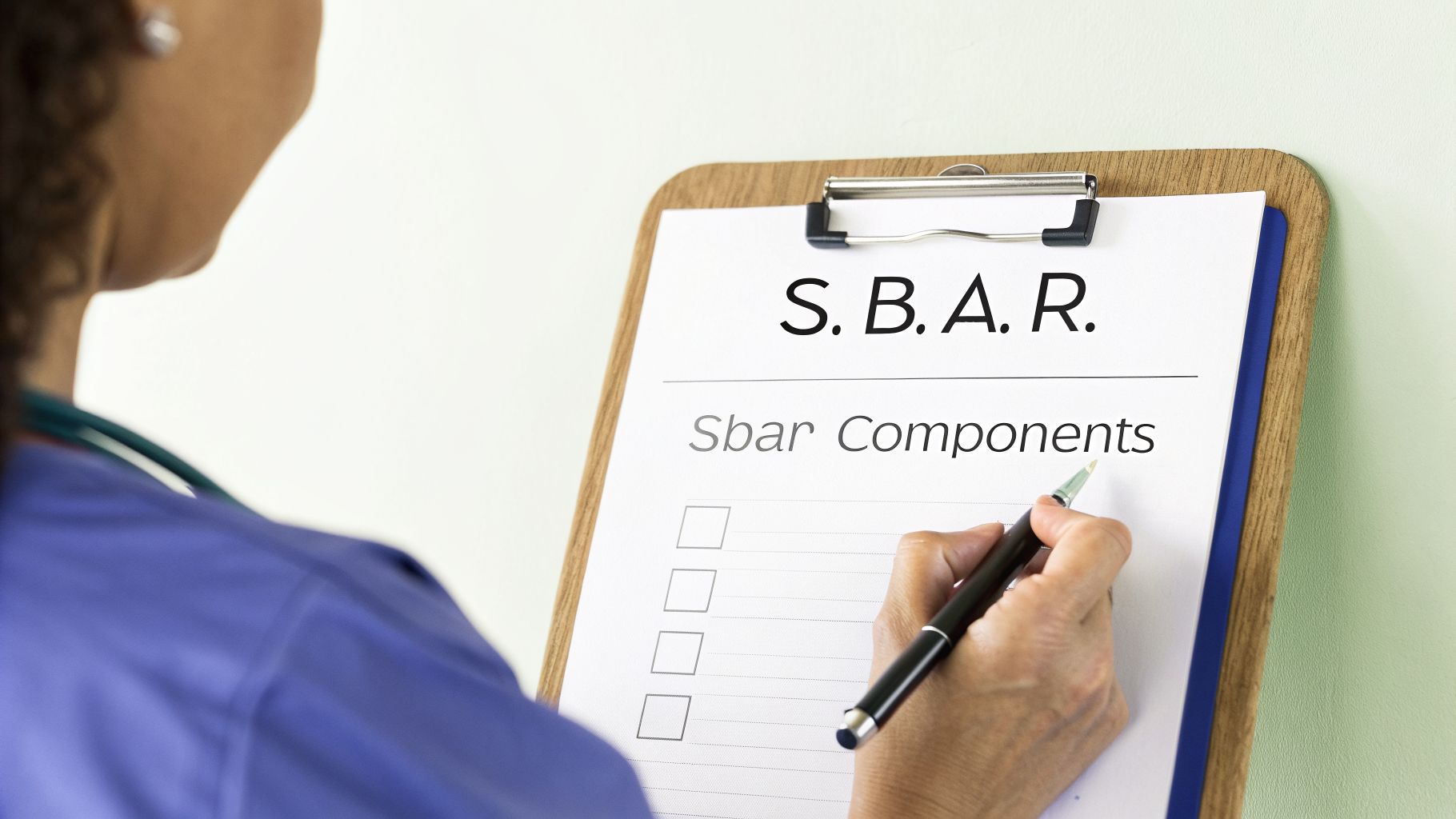 A nurse in blue scrubs writes on an SBAR components checklist on a clipboard.