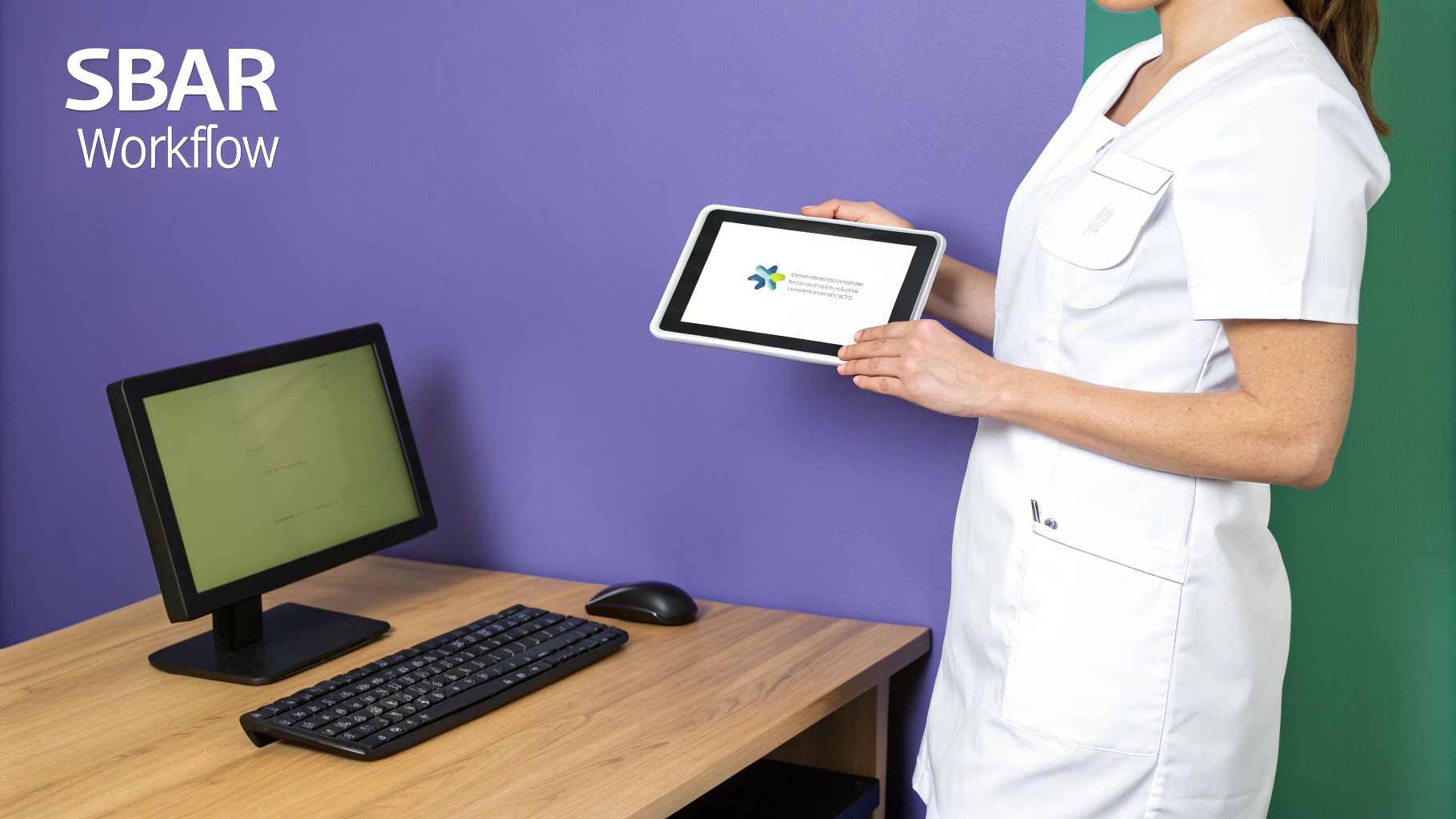 A healthcare professional in a white uniform holds a tablet displaying a logo, with a desktop computer and keyboard on a wooden desk.