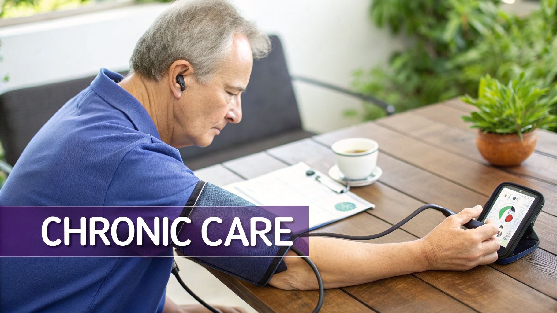 A senior man with an earbud takes his blood pressure using a digital monitor on a wooden table for chronic care.