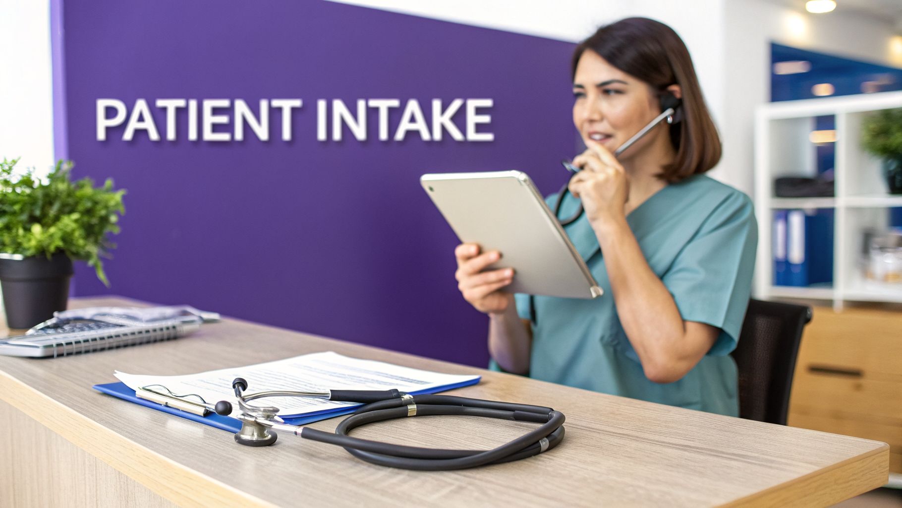 A healthcare professional at a patient intake desk, wearing scrubs, holding a tablet, and talking on a headset.