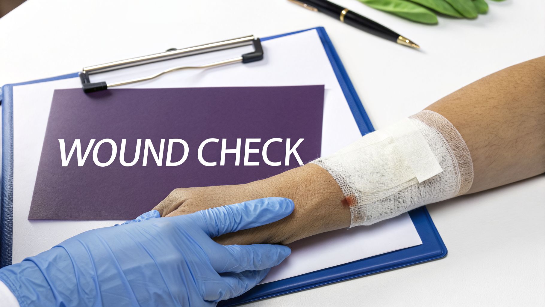 A medical professional in blue gloves performs a wound check on a patient's bandaged arm.