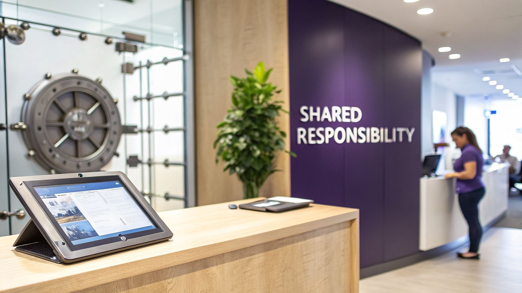 A modern office reception with a tablet, vault-like glass door, and a woman at a desk.