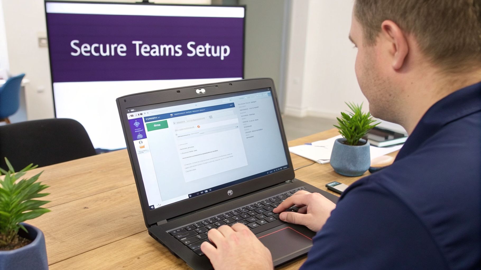 A man works on a laptop to set up Secure Teams, with the setup title displayed on a large background screen.