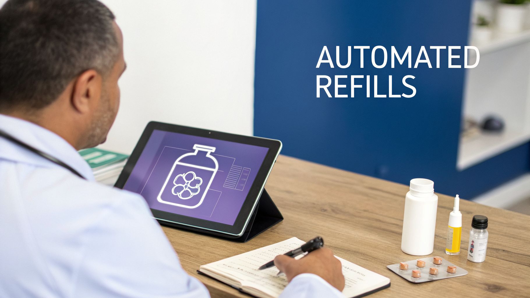 A doctor reviews automated refills on a tablet, writing notes amidst various medications on a wooden desk.