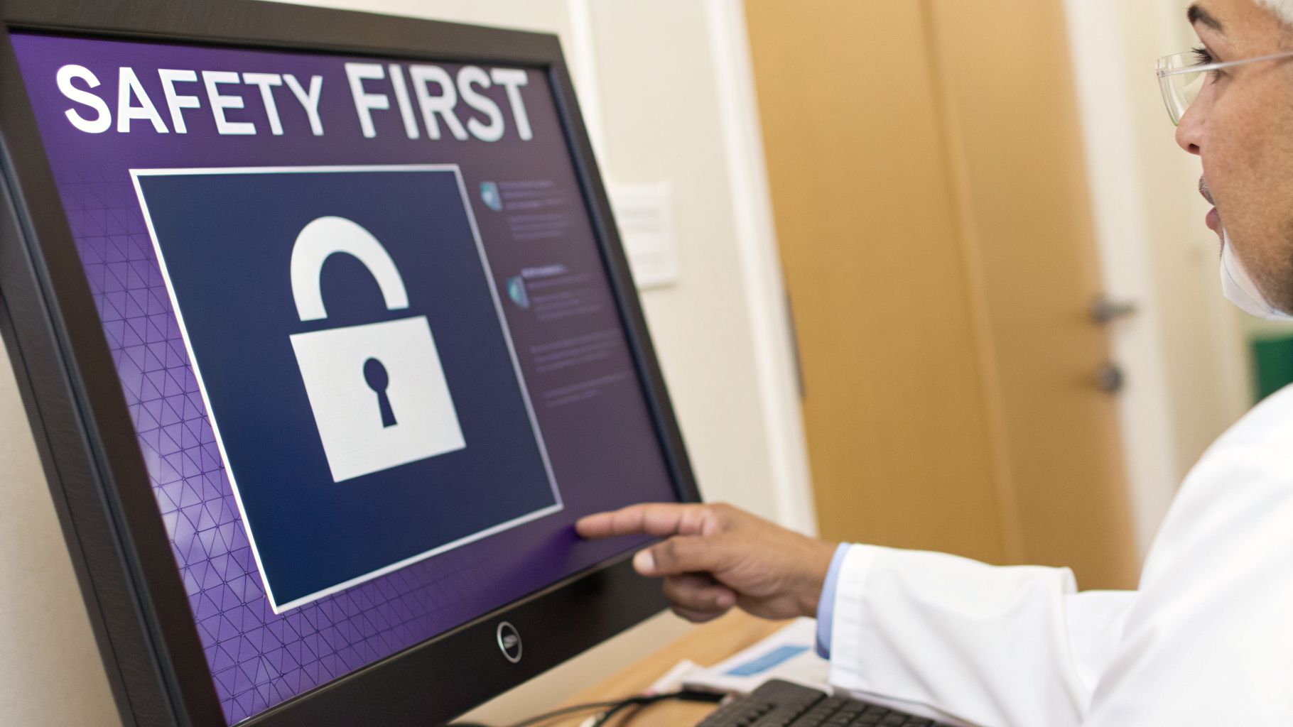 Healthcare professional points at a computer screen displaying "SAFETY FIRST" and a lock icon.