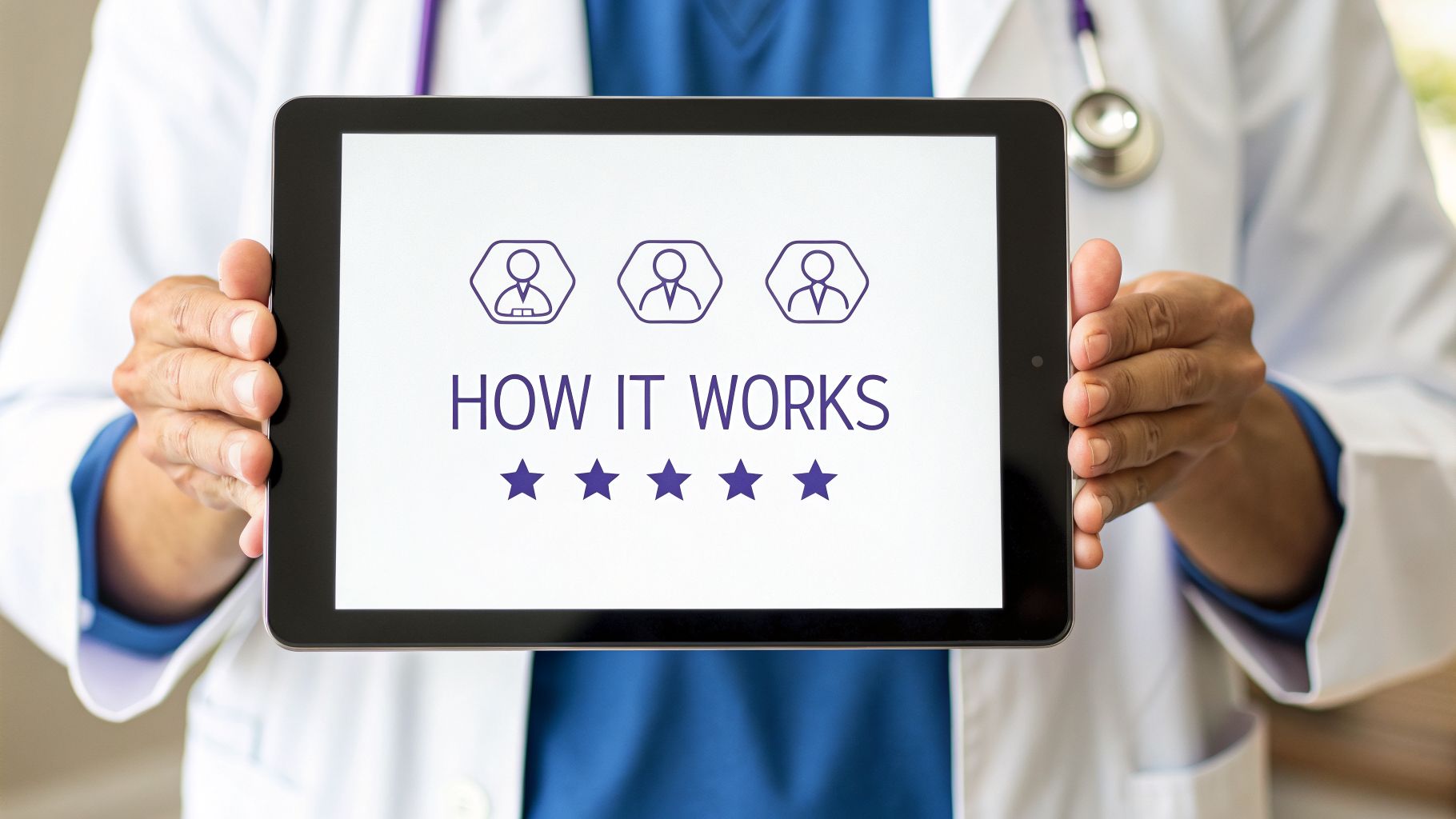 Doctor holding a tablet displaying 'HOW IT WORKS' with person icons and five stars, illustrating a process.