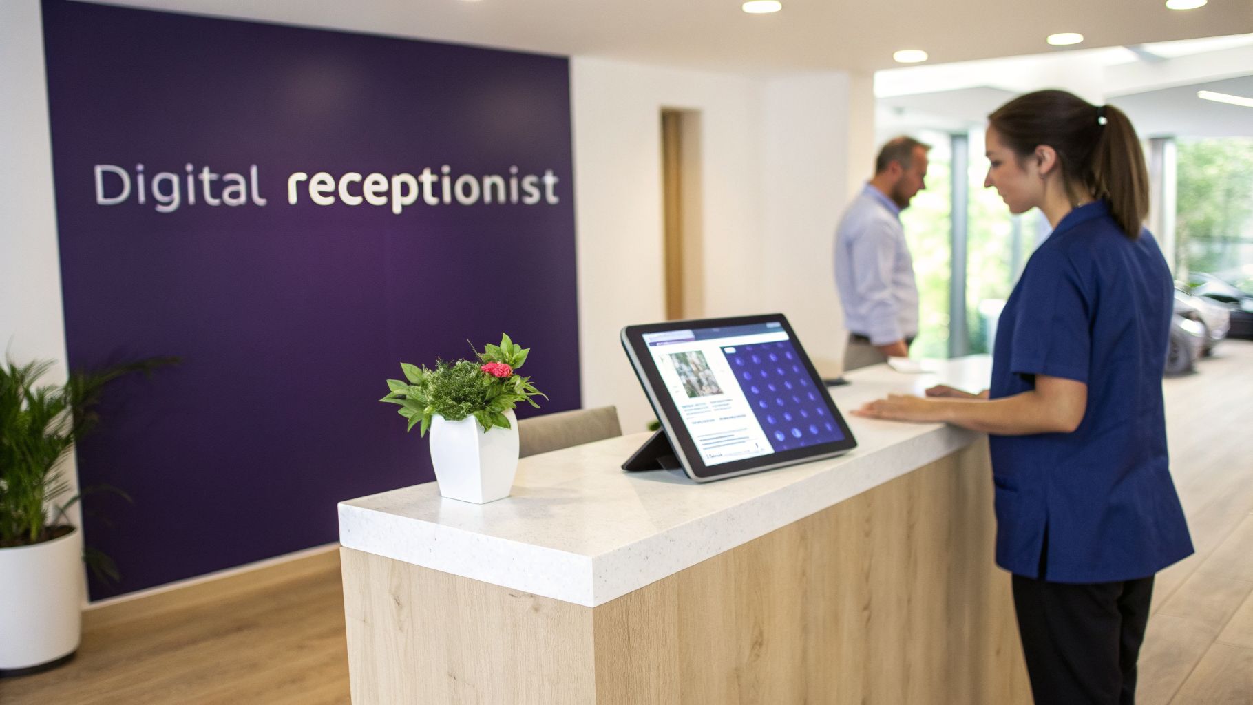 A woman uses a digital receptionist tablet at a modern office reception with a purple wall.