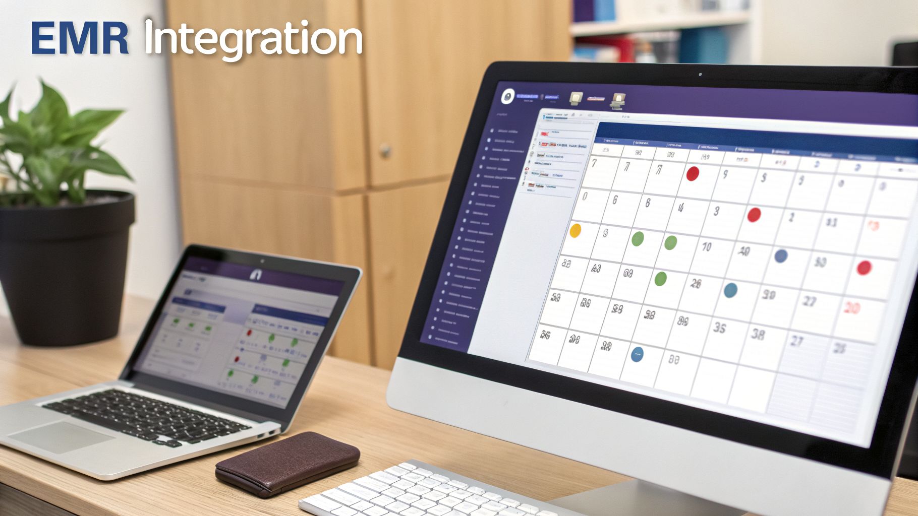 Two computers on a desk displaying EMR integration and scheduling applications.