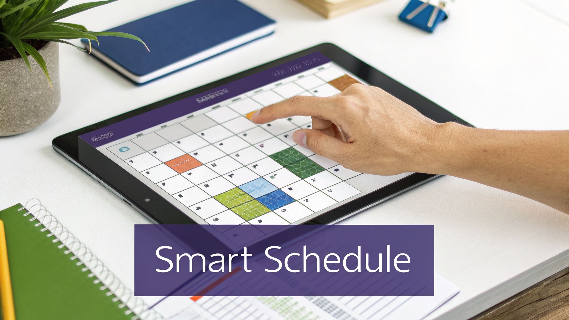 A hand interacts with a tablet showing a colorful smart scheduling application on a white desk.