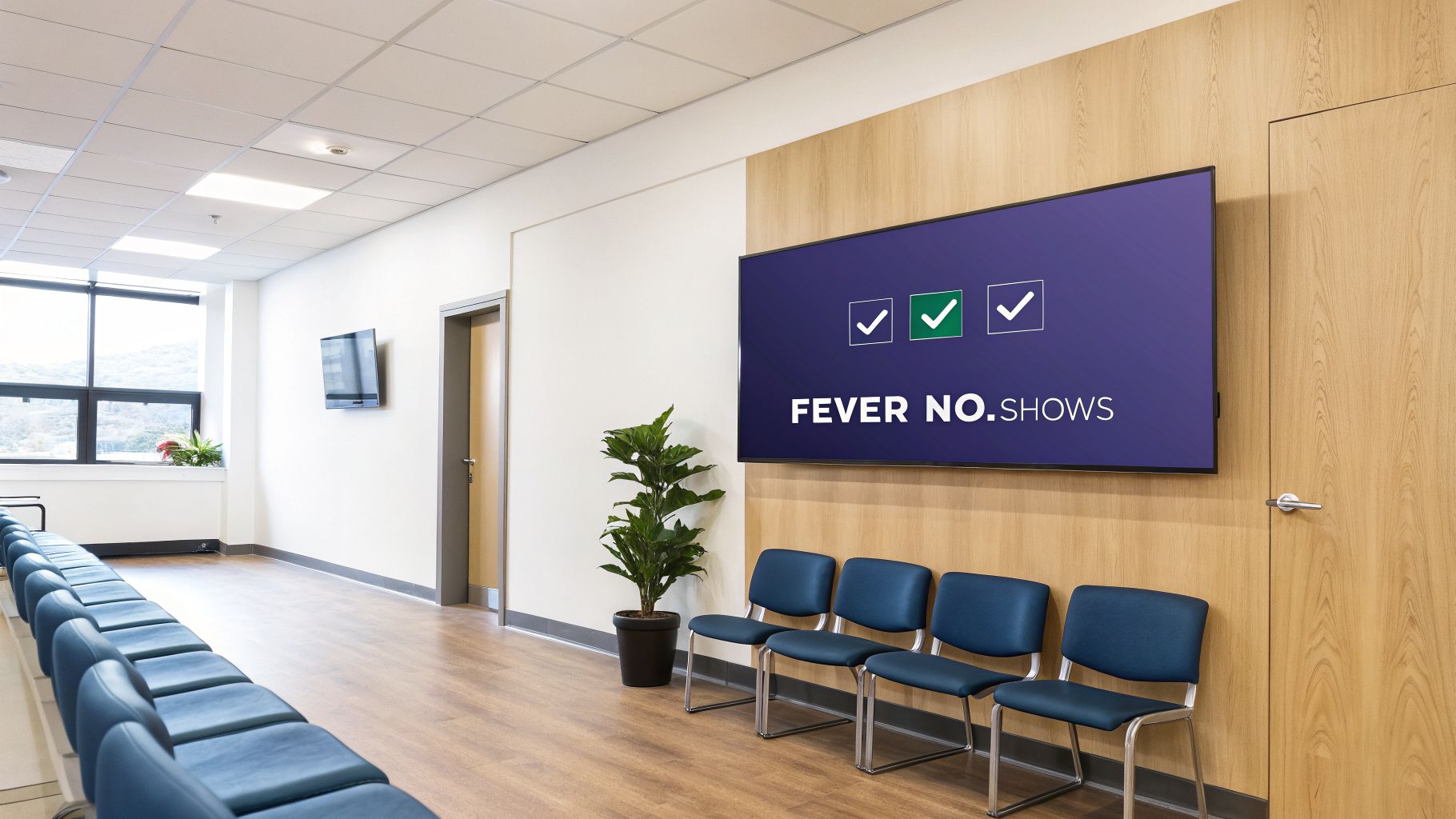 A modern, clean healthcare waiting room with blue chairs, a window, and a screen showing 'FEVER NO. SHOWS'.
