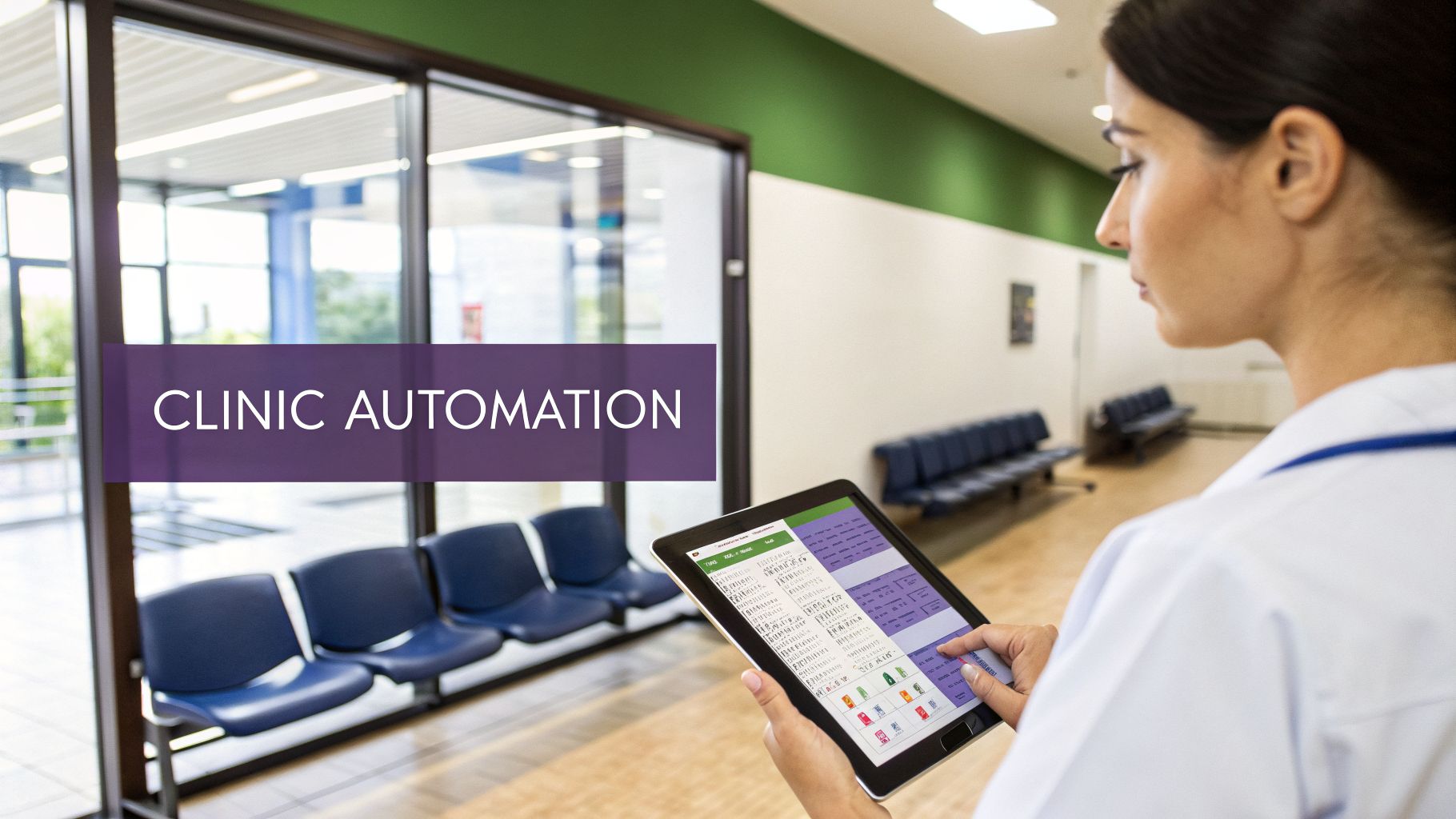 A healthcare professional uses a tablet displaying a medical application for clinic automation in a waiting room.