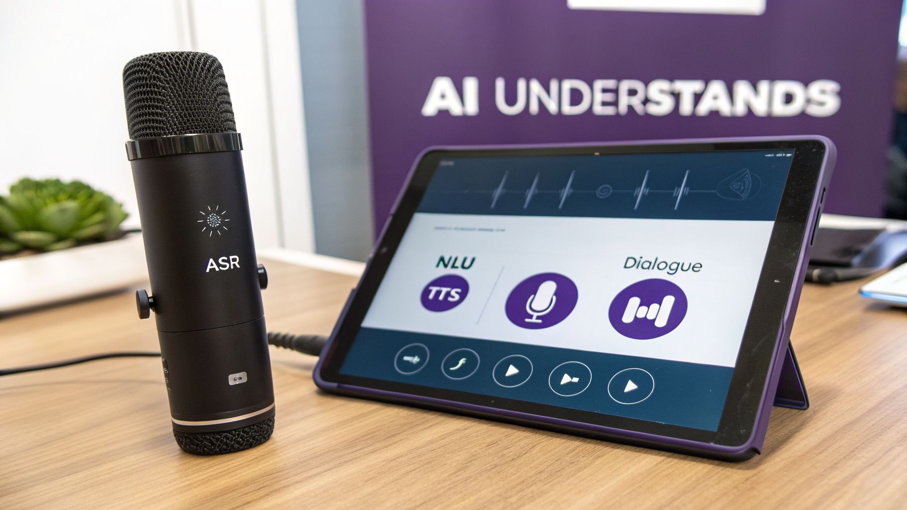Black ASR microphone and tablet show conversational AI interface with NLU, TTS, and Dialogue features.