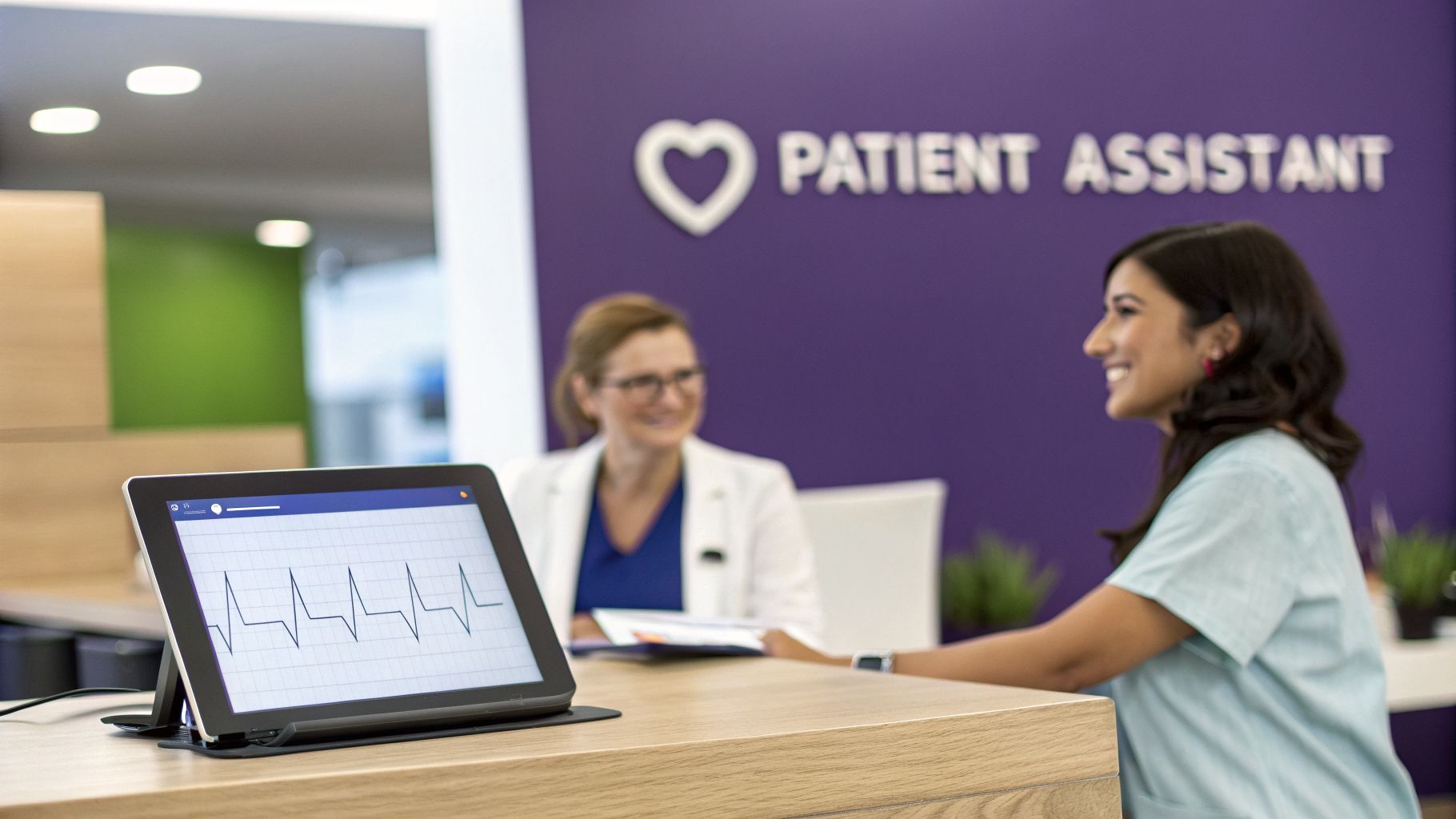 Two smiling women in a healthcare setting with a tablet showing an ECG heartbeat graph.