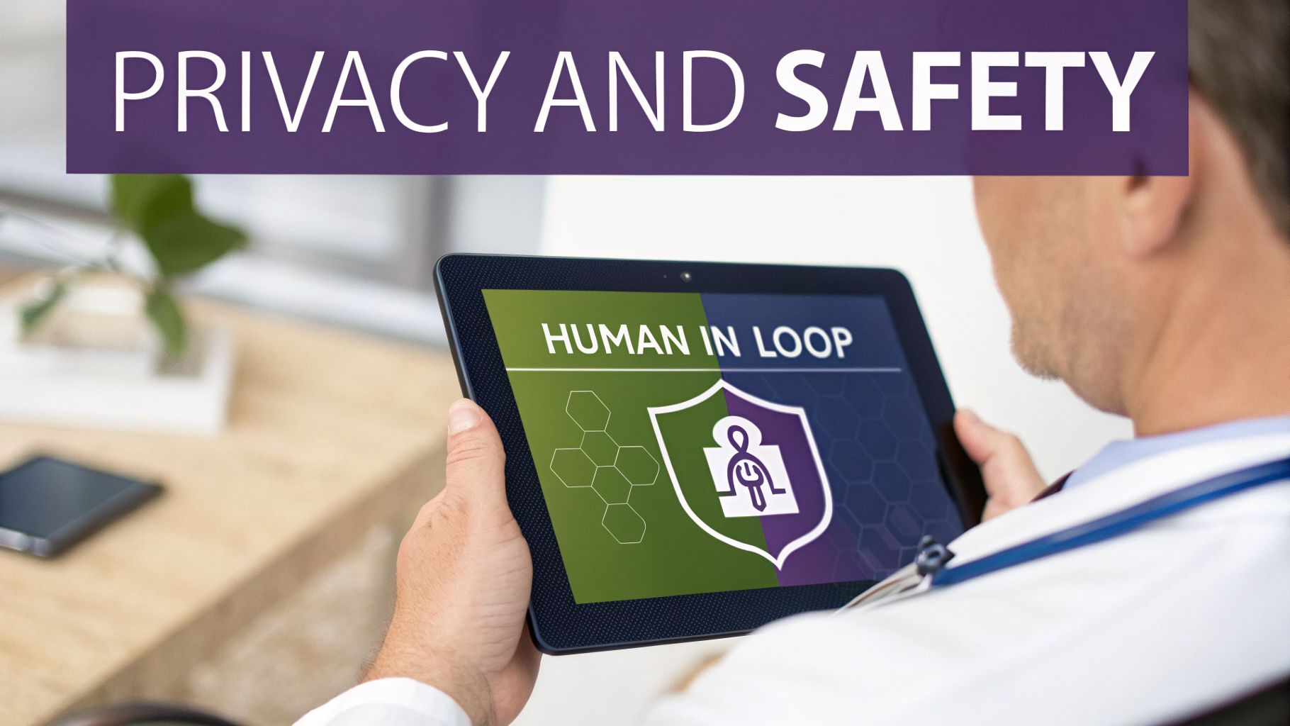 Doctor holds a tablet displaying 'Human in Loop' and a privacy shield icon, with 'Privacy and Safety' text.