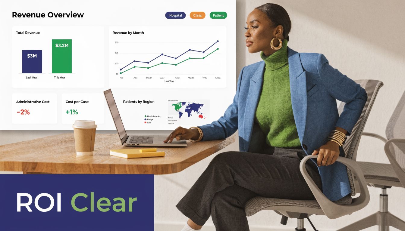 A professional woman working on a laptop with digital revenue analytics dashboards displayed on a wall screen.