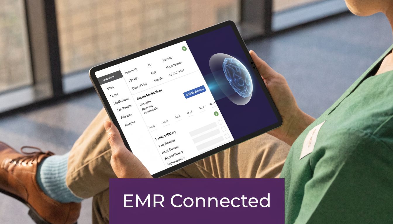 A healthcare professional using a tablet showing a patient's electronic medical record and a 3D brain visualization.