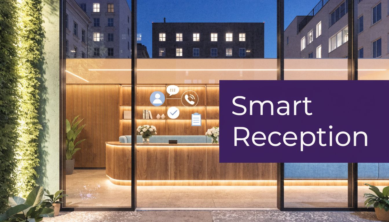 A modern, illuminated smart reception desk viewed through large glass office building windows at twilight.