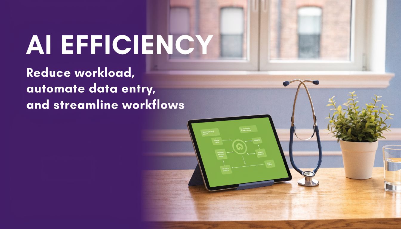 A digital tablet displaying a workflow diagram on a desk next to a stethoscope and plant.