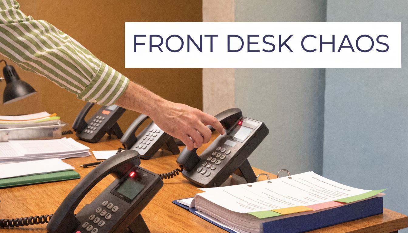 A person in a striped shirt reaching for a desk phone in a busy office setting.