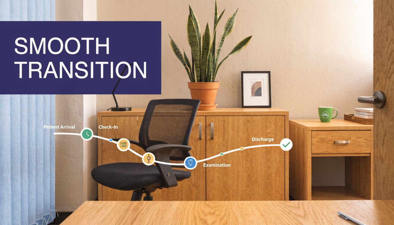 A professional office setting with a graphic overlay illustrating a patient's medical journey from arrival to discharge.