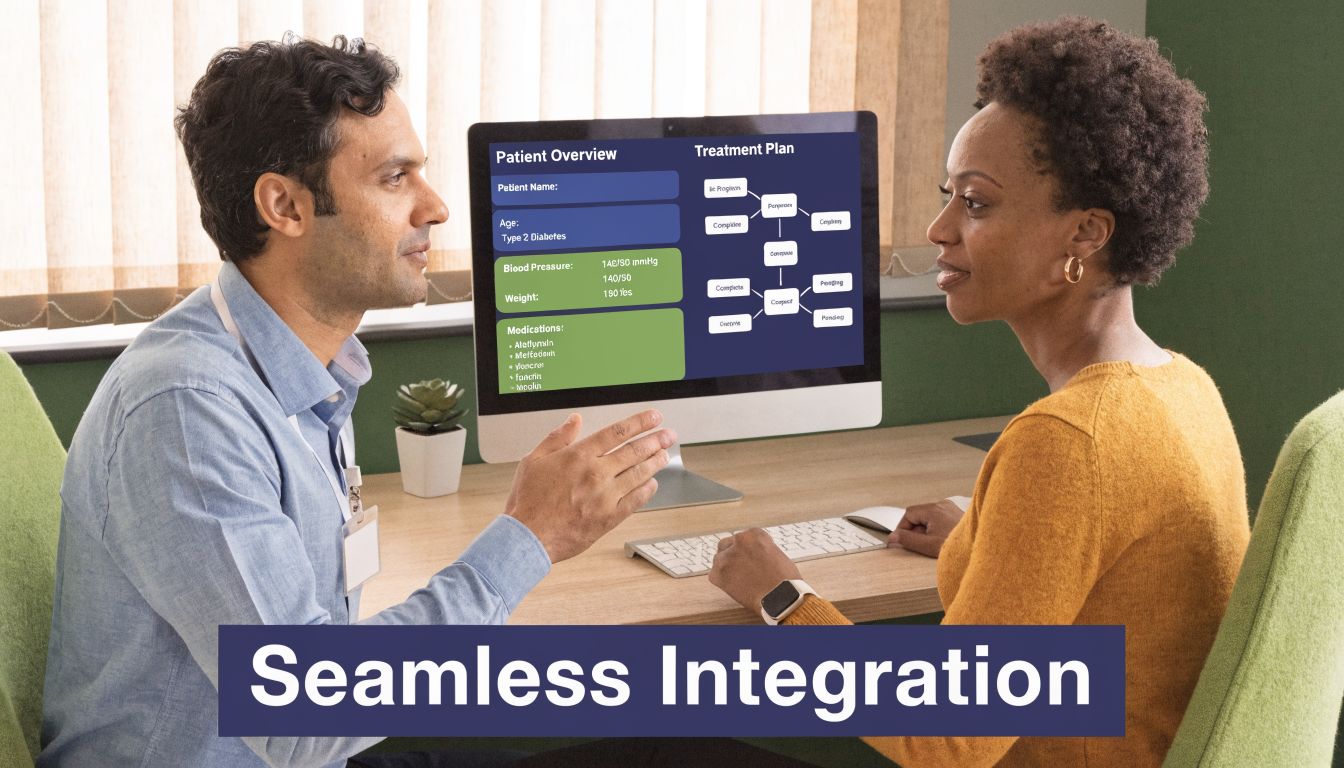 A doctor explaining a patient's electronic health record and treatment plan to a patient in an office.