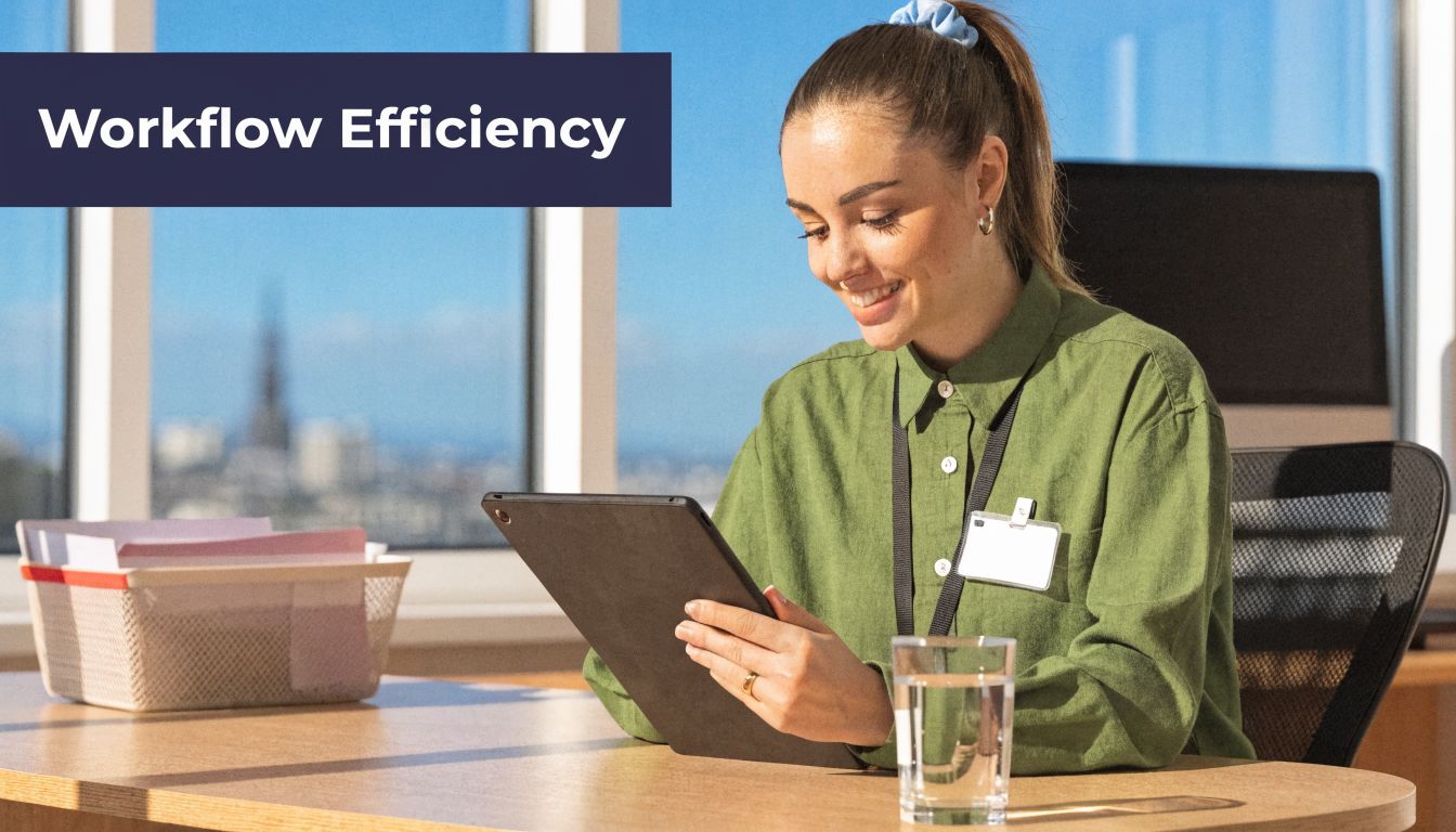 A smiling young woman in an office setting reviewing information on a tablet computer for workflow efficiency.