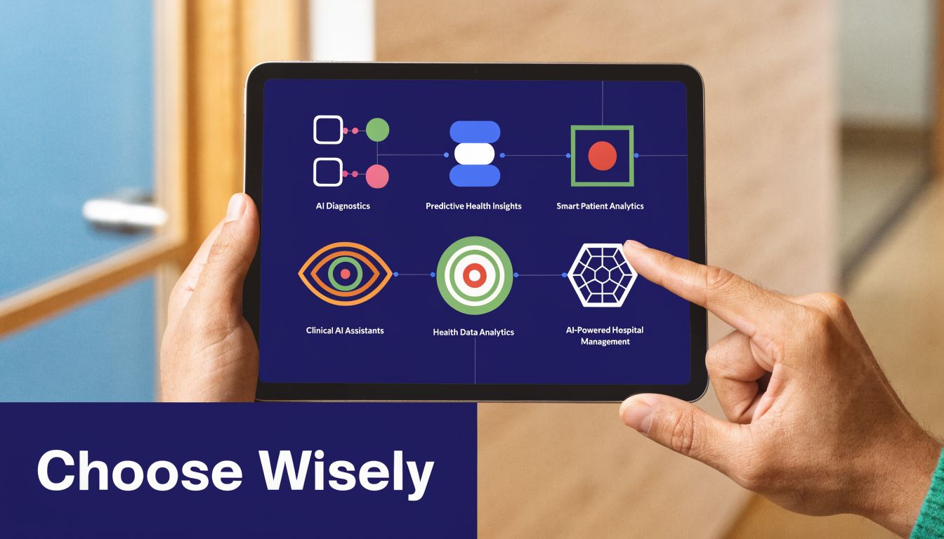 A person using a tablet to navigate an interactive digital dashboard showing various AI healthcare technology icons.