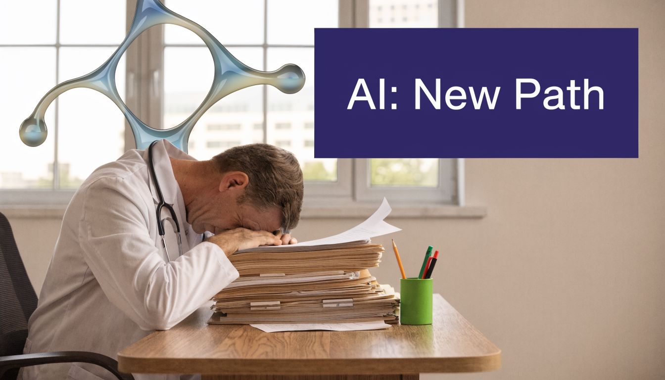 An exhausted doctor resting his head on a large stack of medical paperwork at a desk.