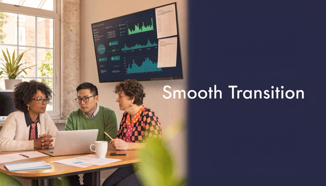 A diverse team of professionals collaborating around a laptop in a bright office meeting room