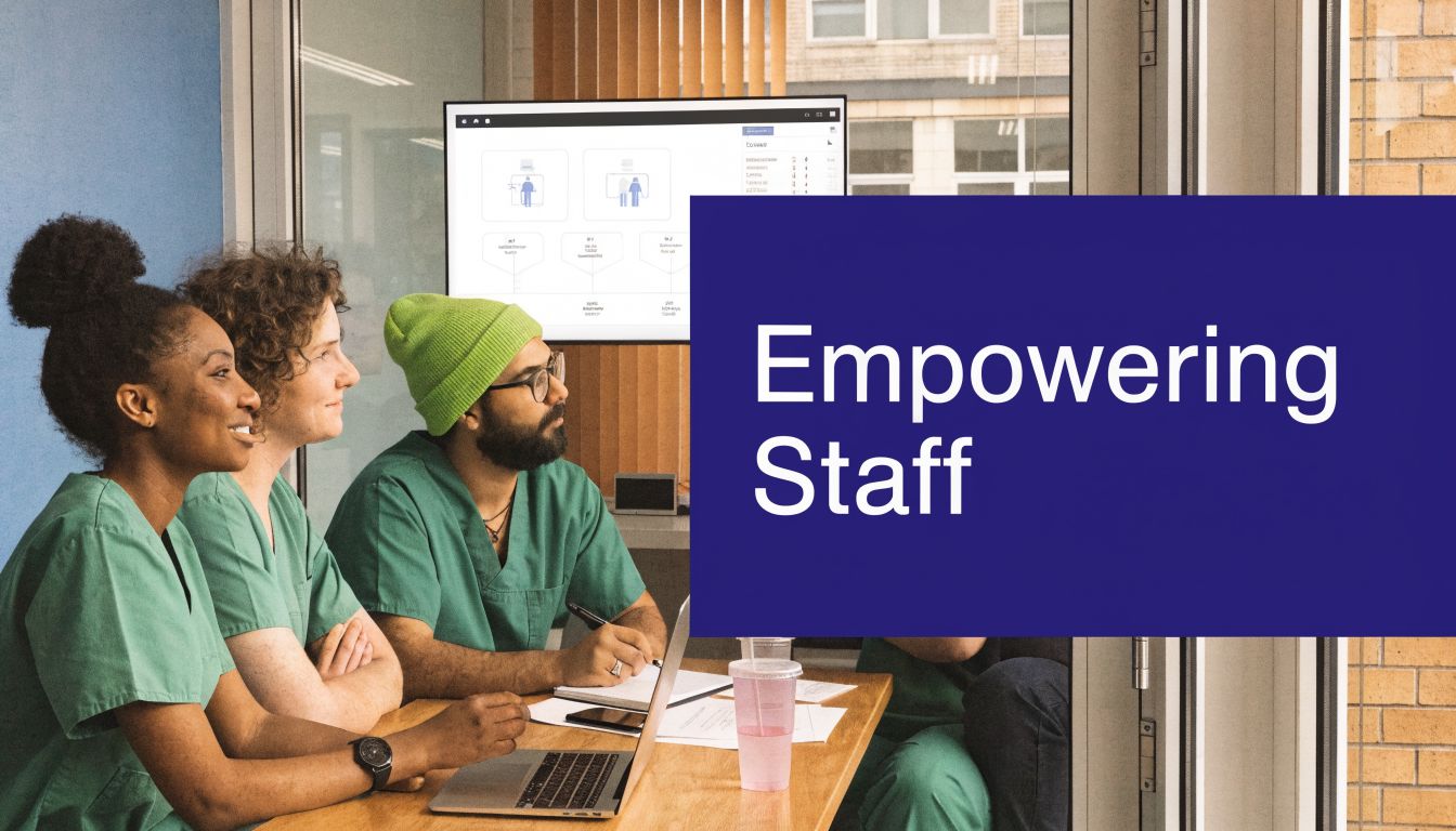 A diverse group of healthcare professionals in green scrubs collaborating together during a meeting.