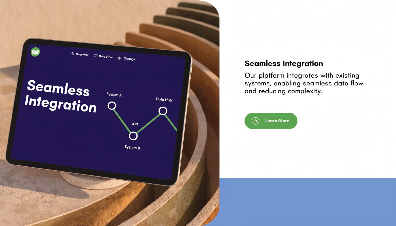 A digital tablet displaying a graphic of system integration flows connected to a central data hub interface.