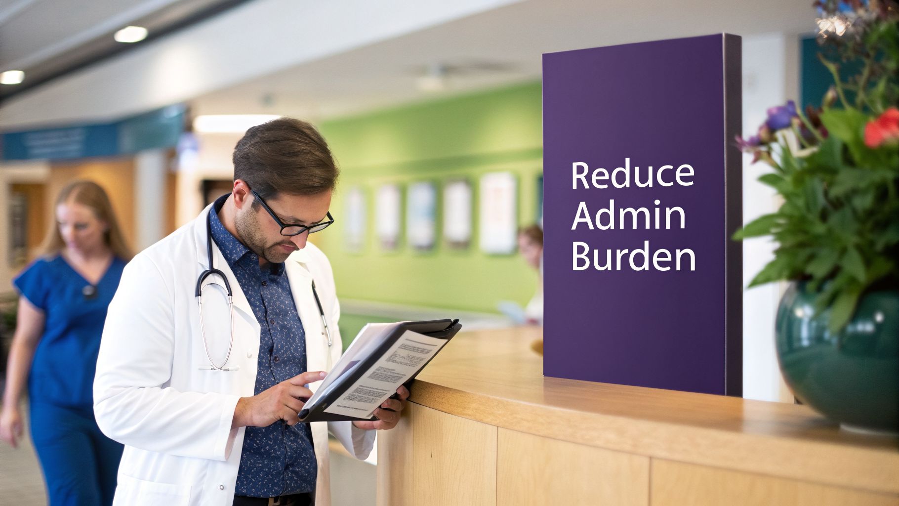 A doctor in a white coat reviewing documents at a hospital reception desk next to a sign that reads "Reduce Admin Burden".