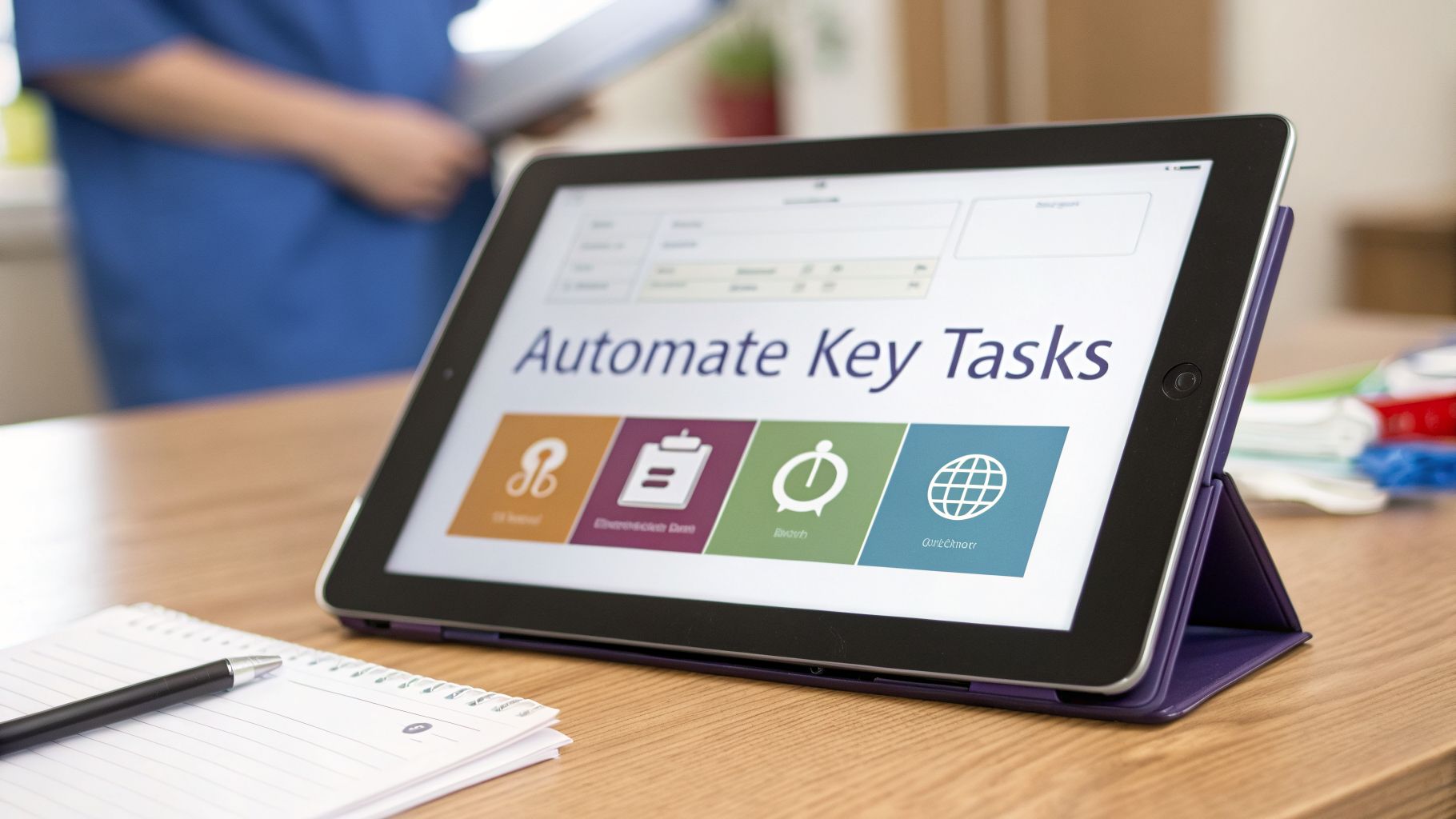 A tablet on a desk displays 'Automate Key Tasks' with icons, next to a notebook and pen.