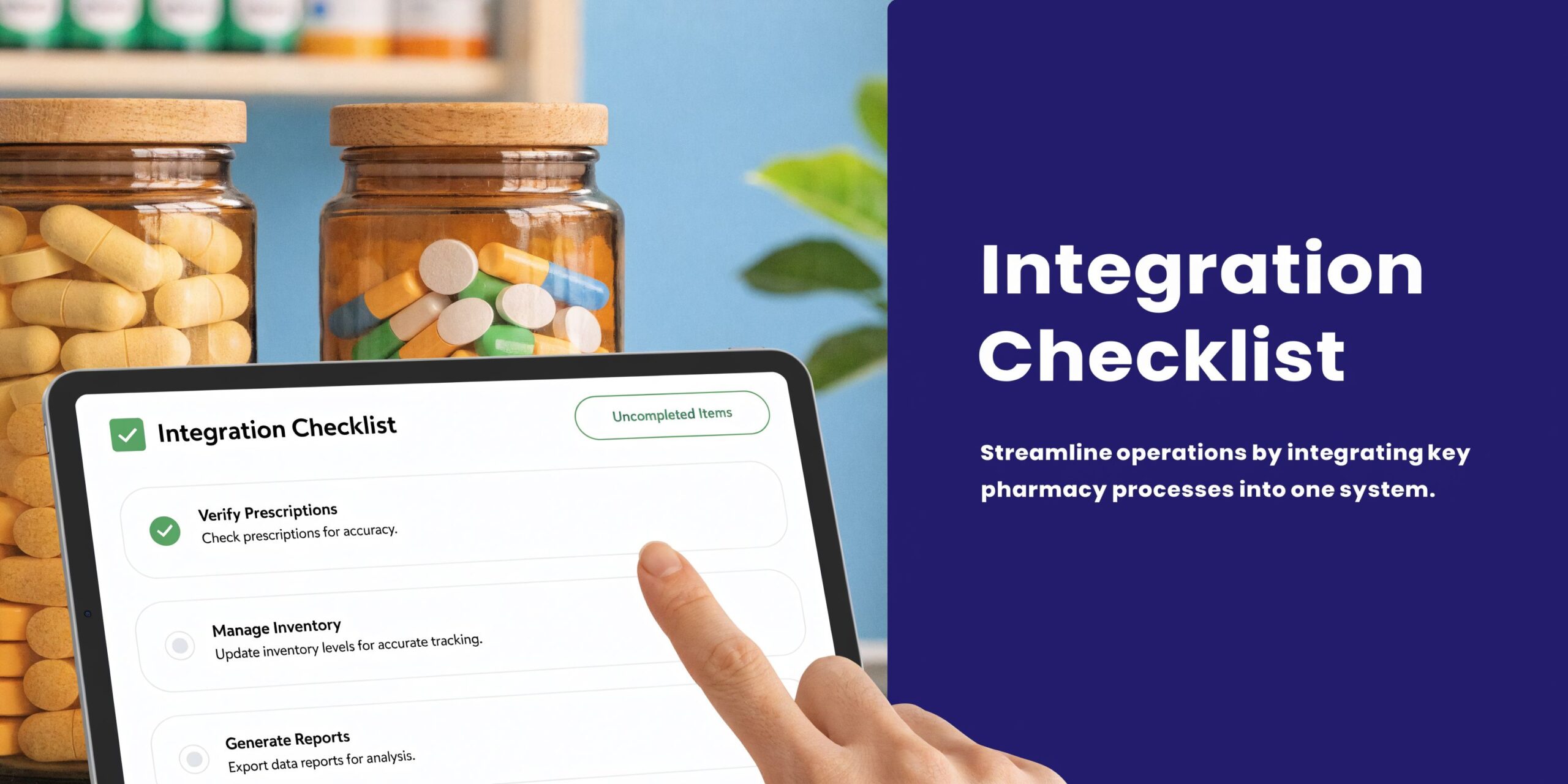 A digital tablet displaying an integration checklist for pharmacy operations next to bottles of medical pills.