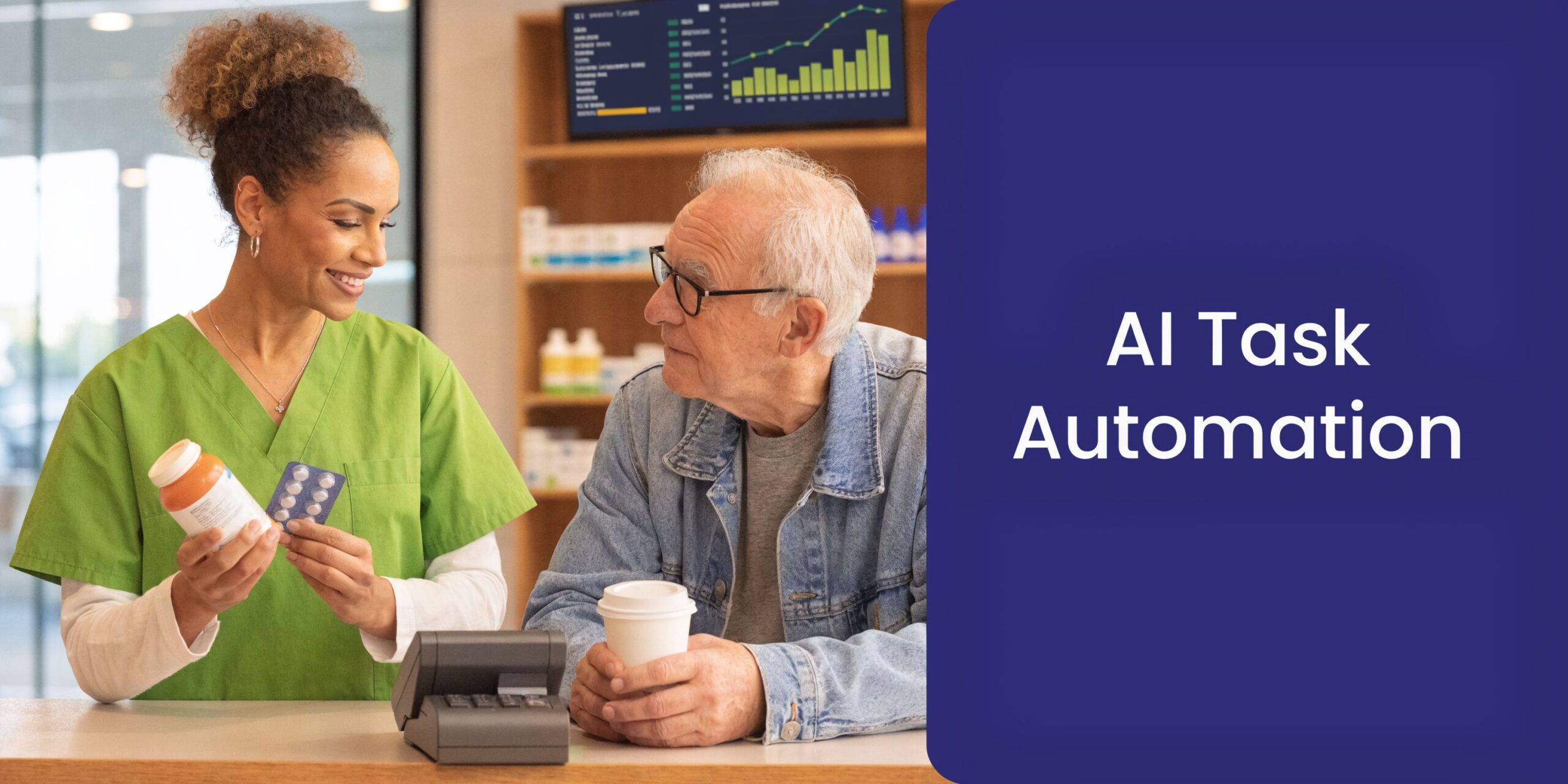 A pharmacist in a green scrub top advising an elderly patient at a pharmacy counter.