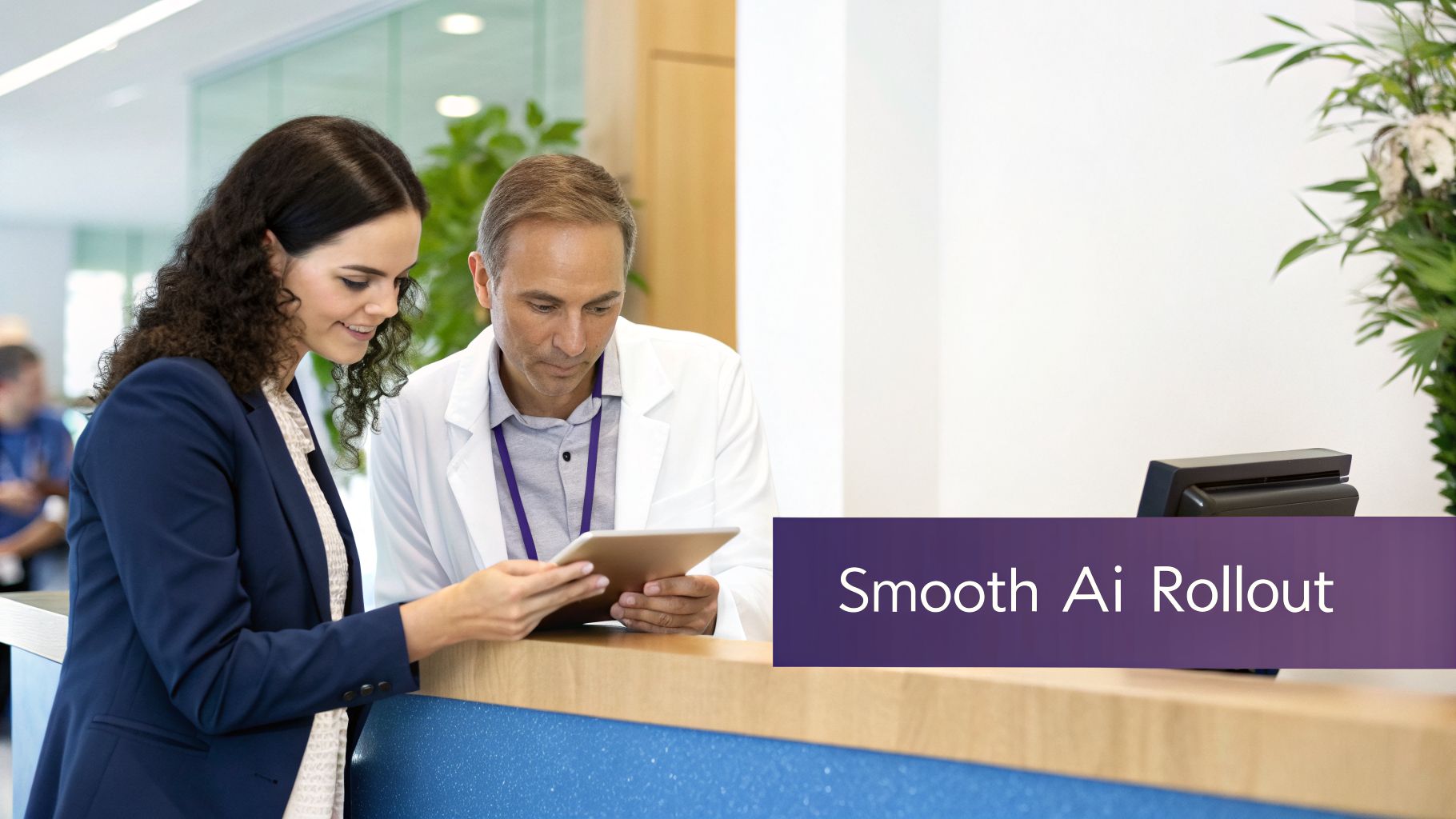 Two professionals, a doctor and a woman, collaborating on a tablet at a reception desk, with 'Smooth AI Rollout' text.
