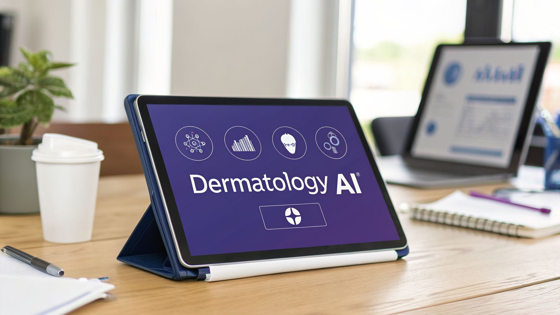 A tablet on a wooden desk displays "Dermatology AI" with multiple icons, alongside a laptop and coffee.