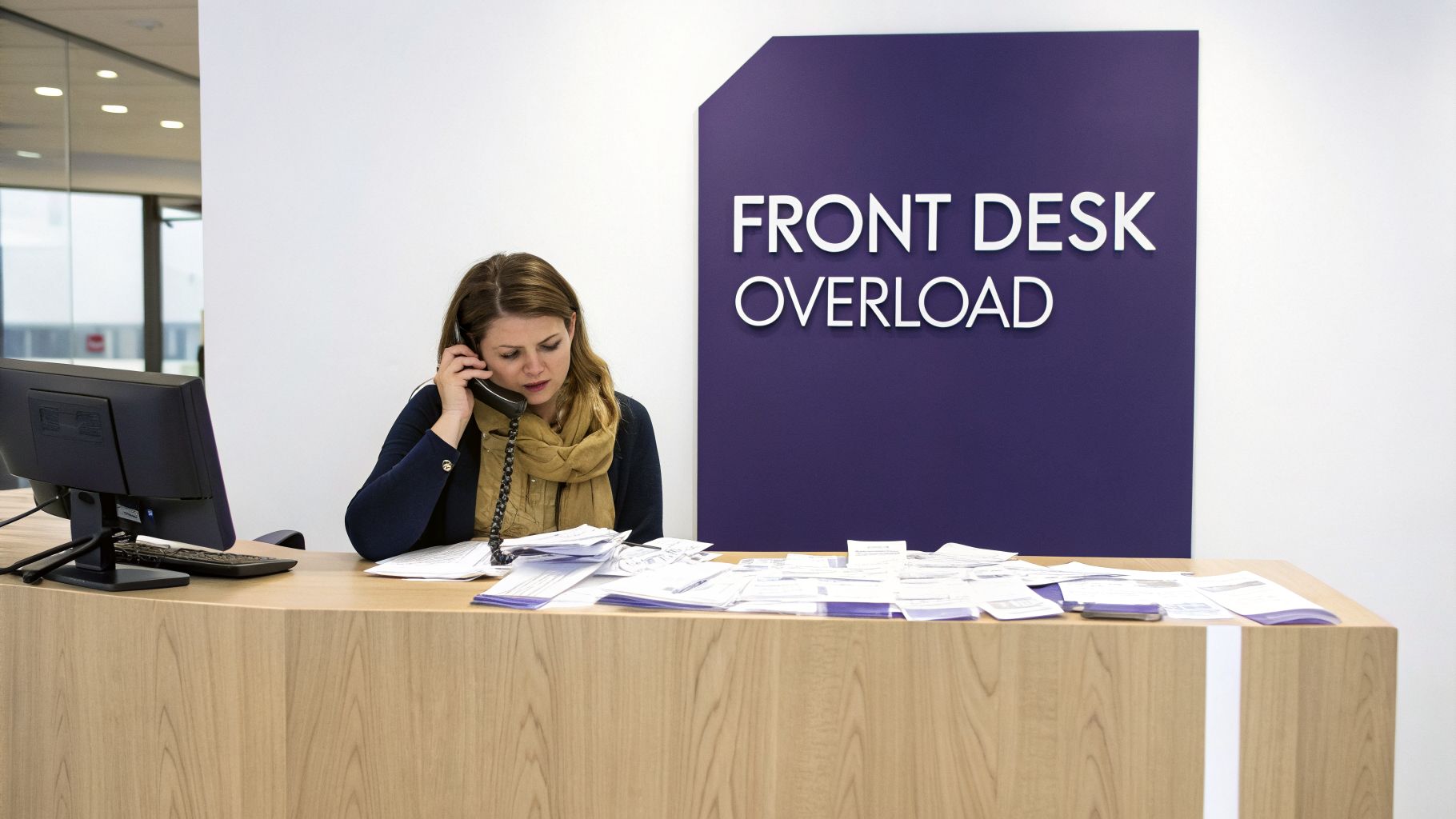 A busy receptionist on the phone at an overloaded front desk with many papers.