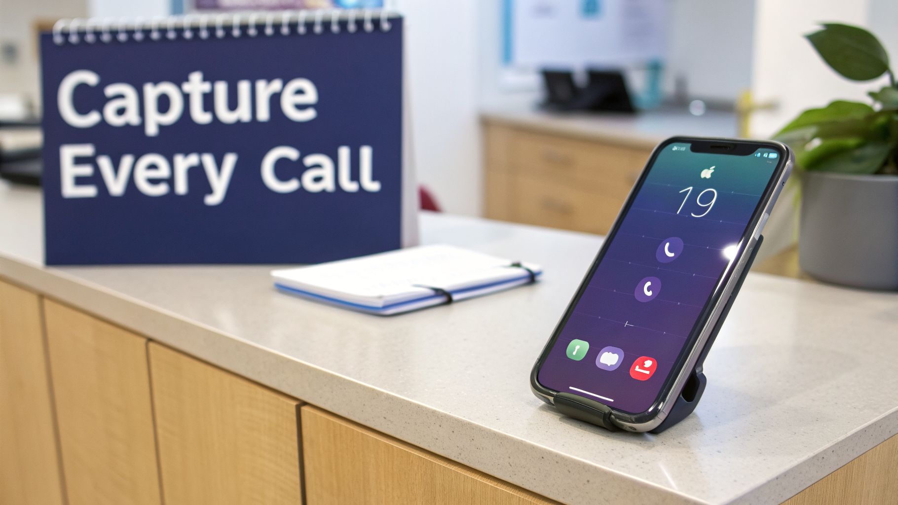 An iPhone on a stand displays call icons next to a 'Capture Every Call' sign on a reception desk.