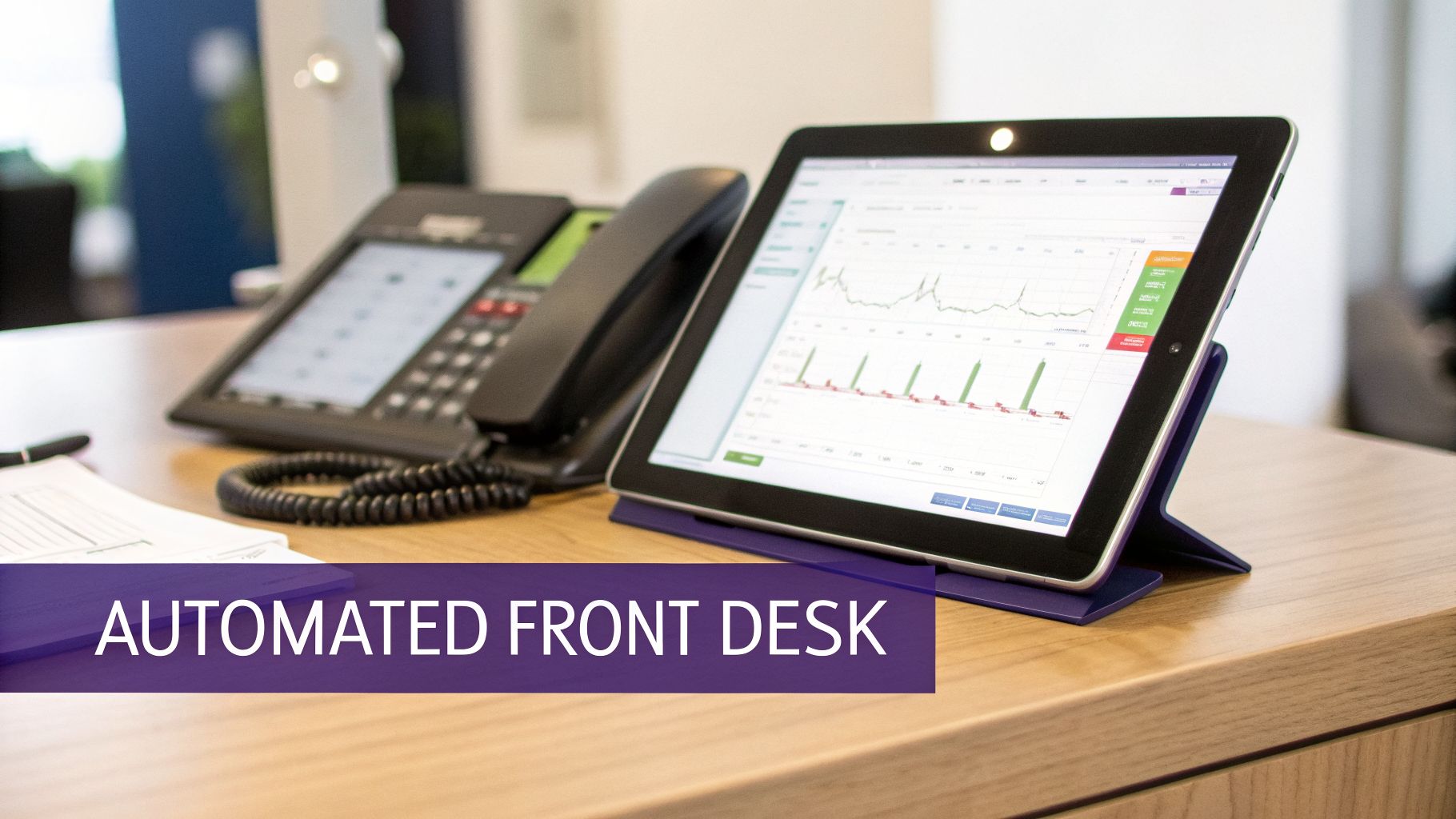 A tablet displaying graphs and a phone on a desk, representing an automated front desk system.