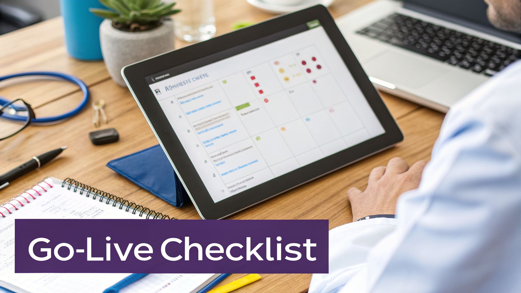 A healthcare professional reviews a Go-Live Checklist on a tablet, with a laptop and medical items on a desk.