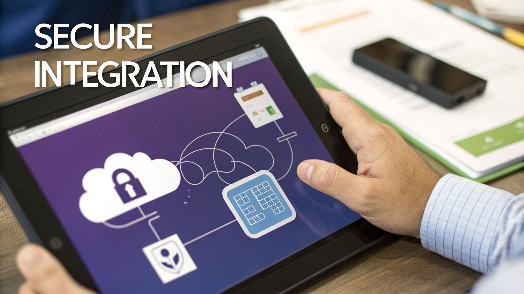 A person holds a tablet displaying a secure cloud integration diagram with text 'SECURE INTEGRATION'.
