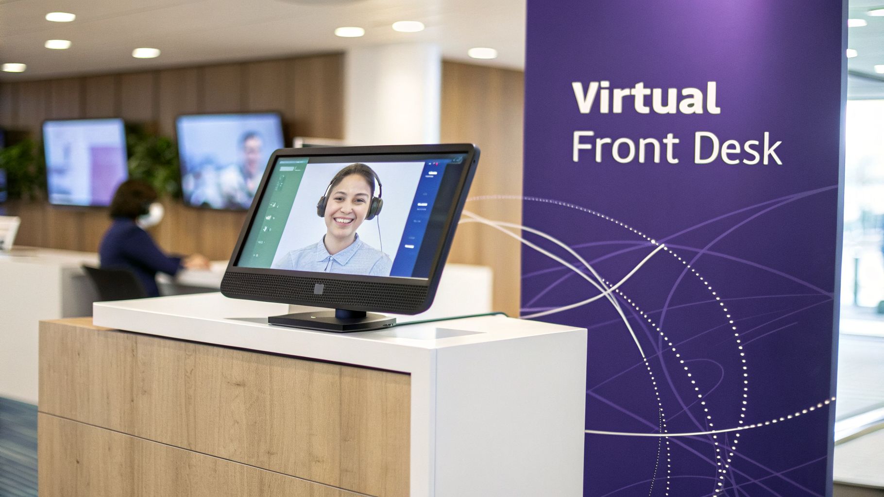 A virtual front desk with a monitor displaying a smiling woman with headphones, next to a purple 'Virtual Front Desk' sign.