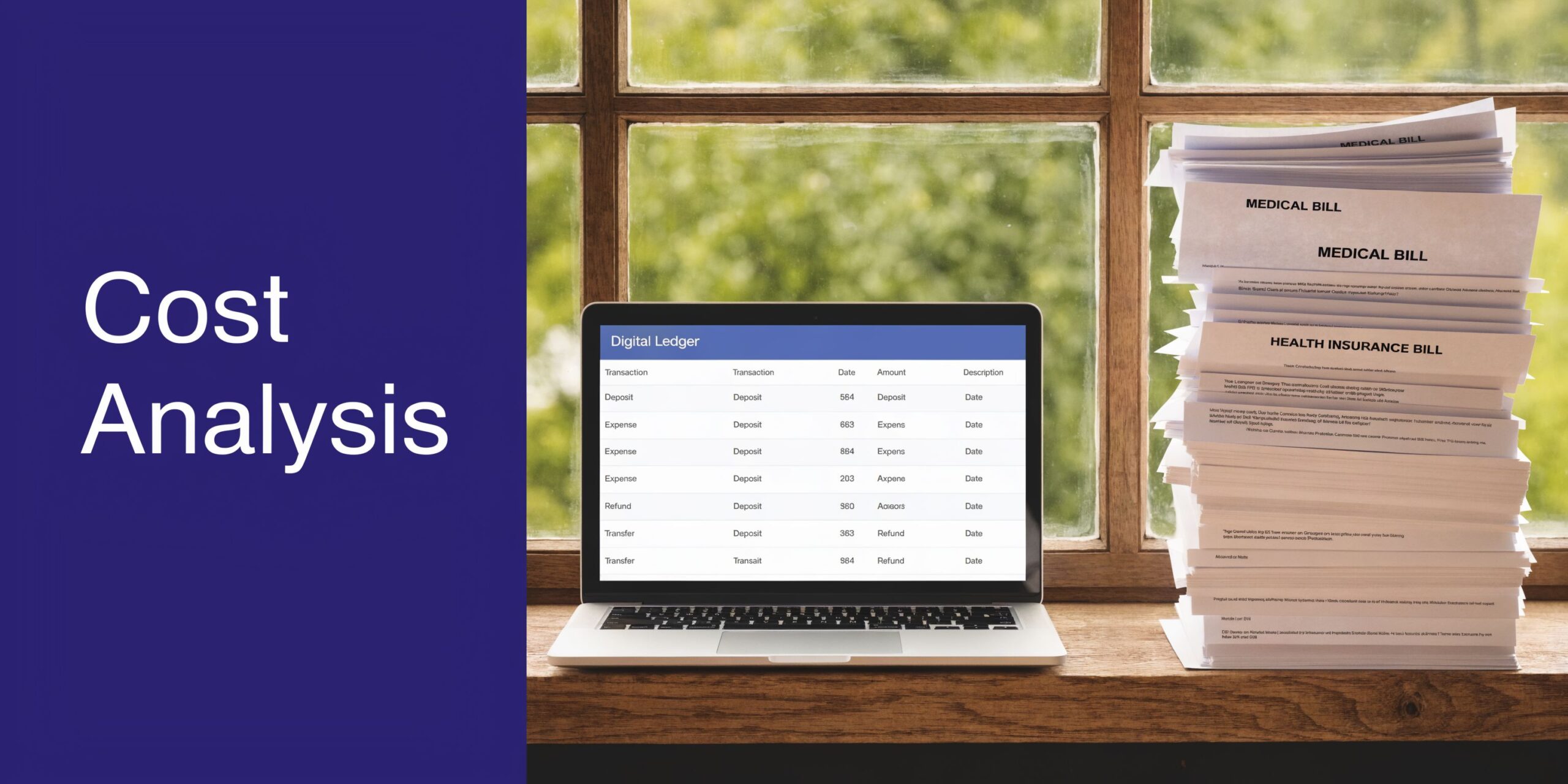 A laptop showing a digital ledger on a wooden desk next to a large stack of medical bills.